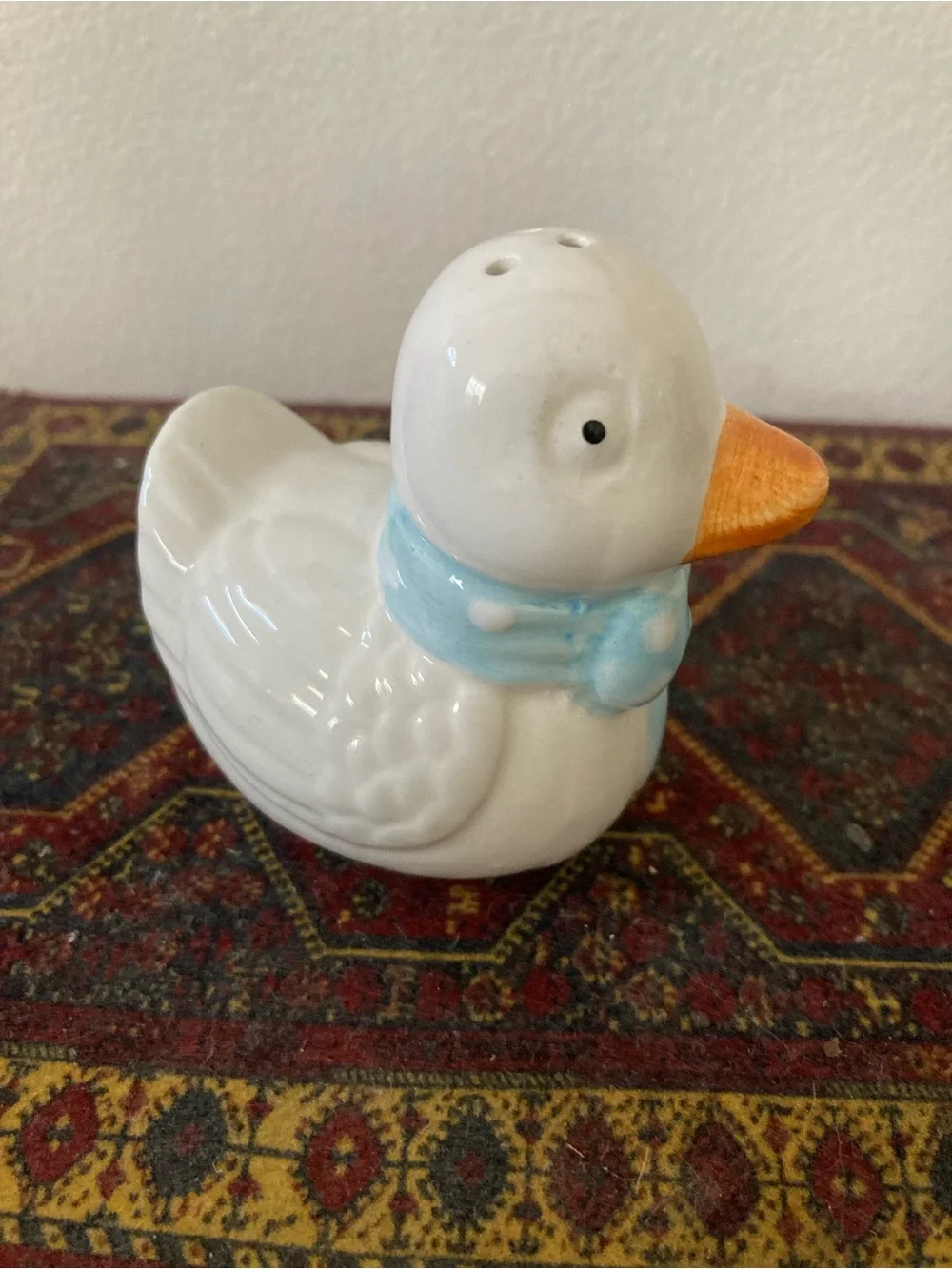 White Ceramic White Goose Pepper Shaker Duck Figurine Light Blue Scarf